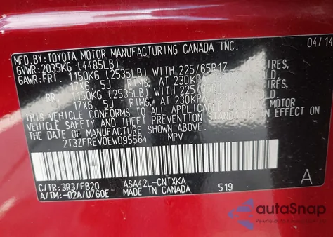 2014 Toyota Rav4 Le z USA, uszkodzony, nr VIN 2T3ZFREV0EW095564